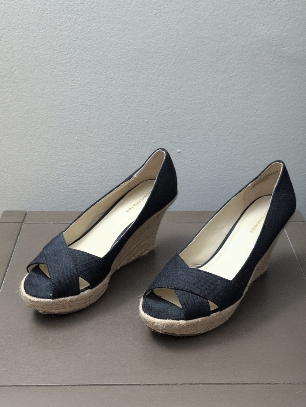 Black Espadrille Wedge Peep-Toe Pumps